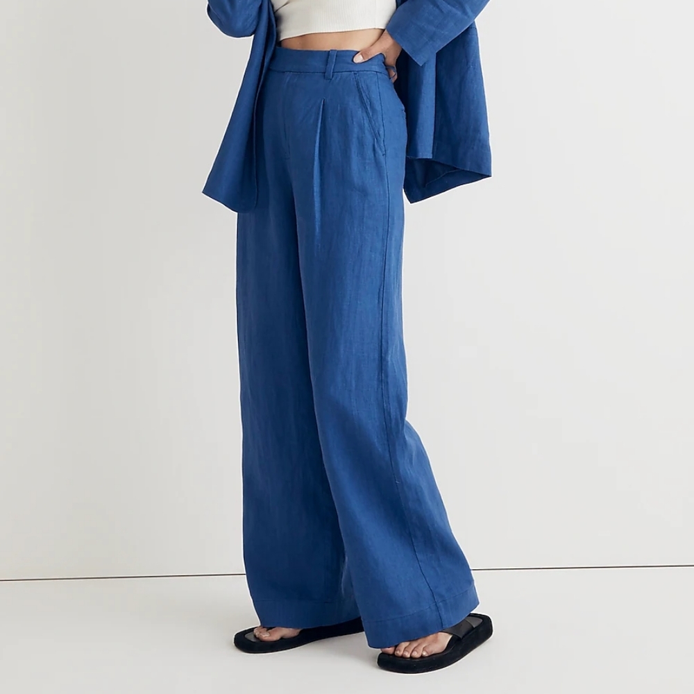 NWT Madewell Harlow Wide-Leg Linen Pant Blue 6